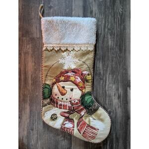 Vintage Christmas Snowman Stocking Plush Gold White 21" Holiday Festive